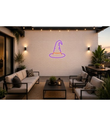 Cartel neón Silueta de sombrero de pico de bruja Naranja Terraza