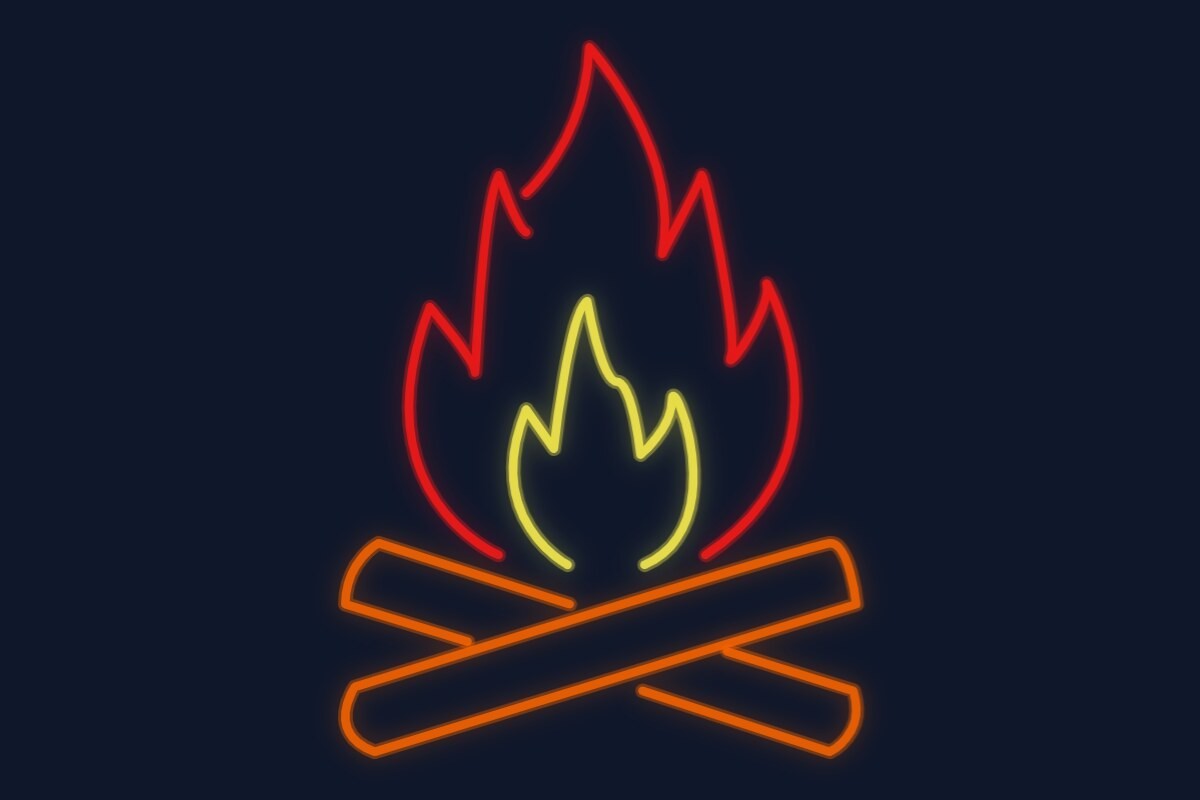 Cartel neón Fuego de hoguera de campamento