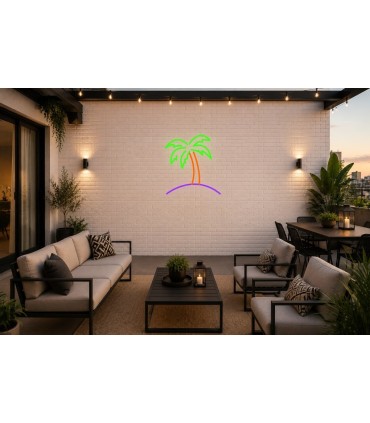 Cartel neón Isla tropical con una gran palmera Violeta Terraza