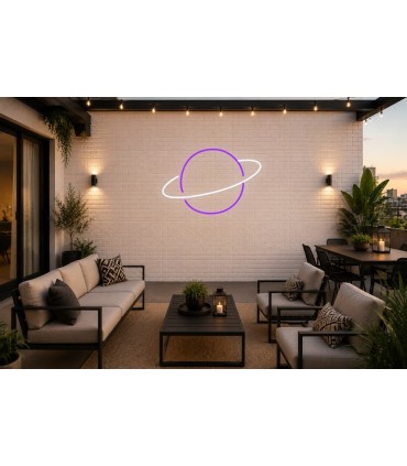 Cartel neón Planeta saturno con sus anillos Violeta Terraza