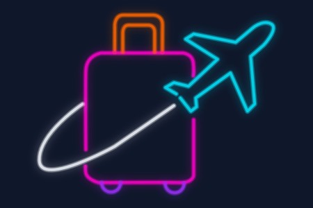 Cartel neón Avión rodeando una maleta de viaje