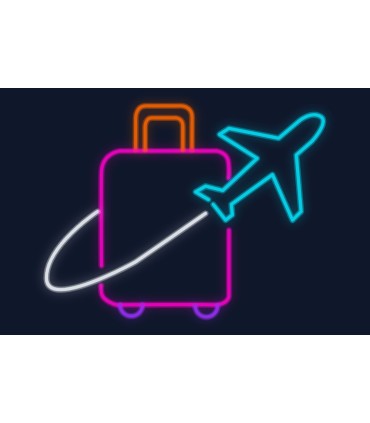 Cartel neón Avión rodeando una maleta de viaje