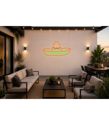 Cartel neón Sombrero típico mexicano tradicional Naranja Terraza