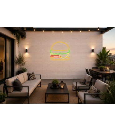 Cartel neón Hamburguesa clásica completa Amarillo limón Terraza