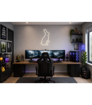 Cartel neón Silueta conejo sentado de perfil Blanco cálido Gaming