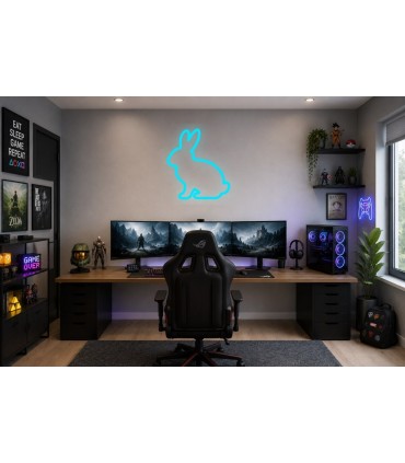 Cartel neón Conejo sentado lateral decorativo Cian Gaming