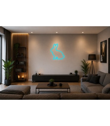 Cartel neón Conejo sentado lateral decorativo Cian Salón