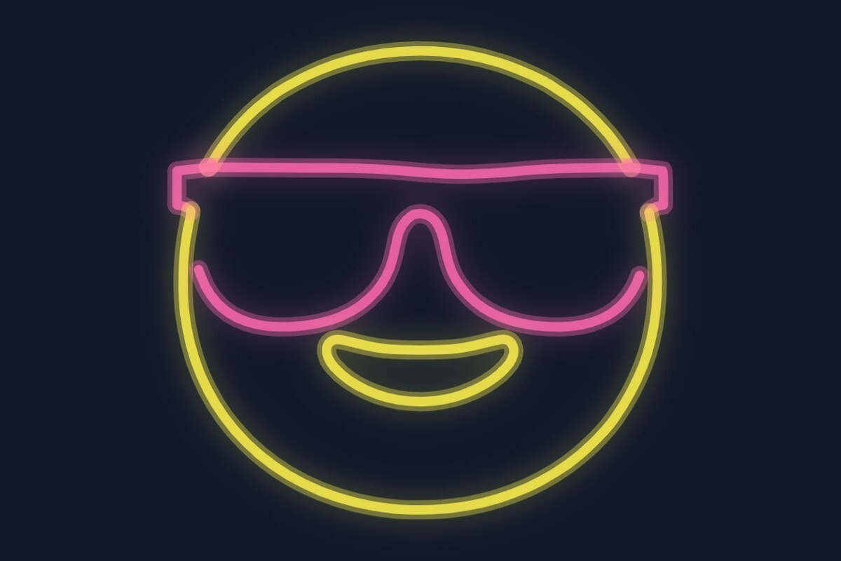 Cartel neón Emoji con gafas de sol y sonrisa pícara