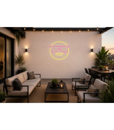 Cartel neón Emoji con gafas de sol y sonrisa pícara Rosa Terraza