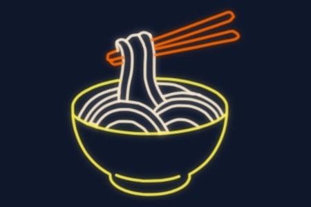 Cartel neón Ramen con palillos en un cuenco