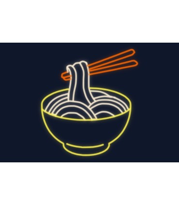 Cartel neón Ramen con palillos en un cuenco