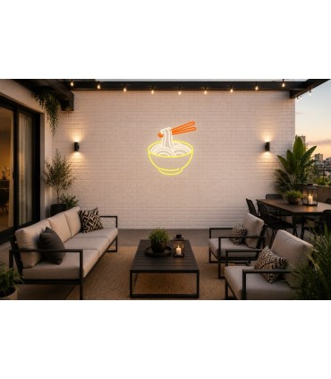 Cartel neón Ramen con palillos en un cuenco Amarillo limón Terraza