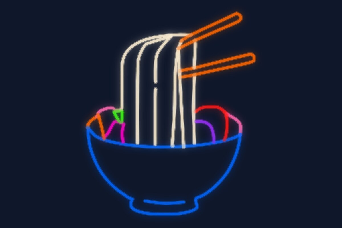 Cartel neón Ramen con palillos en un cuenco pequeño