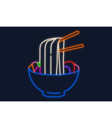 Cartel neón Ramen con palillos en un cuenco pequeño