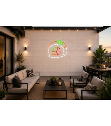 Cartel neón Pieza de sushi uramaki con pescado fresco Naranja Terraza