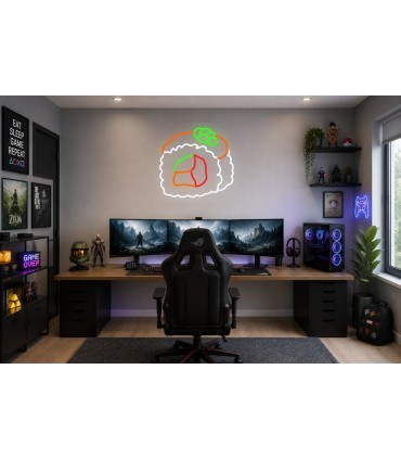 Cartel neón Pieza de sushi uramaki con pescado fresco Naranja Gaming