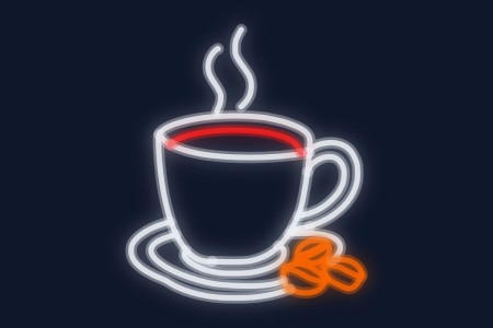 Cartel neón Vaso de cafe caliente con platito y 3 granitos