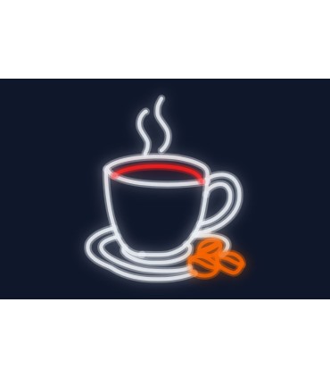 Cartel neón Vaso de cafe caliente con platito y 3 granitos