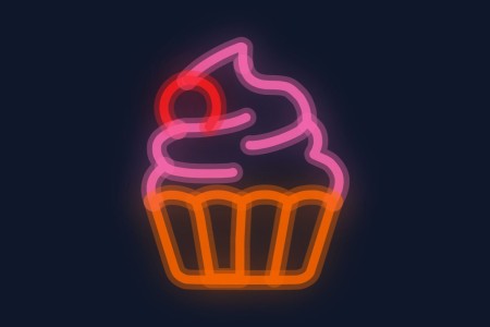 Cartel neón Silueta de cupcake o muffin con cereza