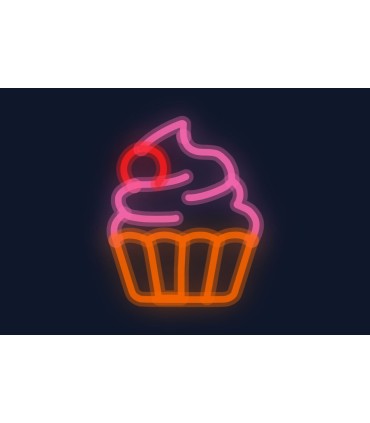 Cartel neón Silueta de cupcake o muffin con cereza