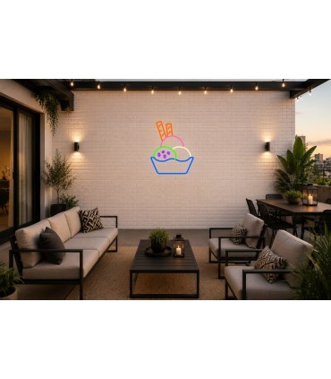 Cartel neón helado en tarrina de tres sabores con dos cañas dulces Azul Terraza