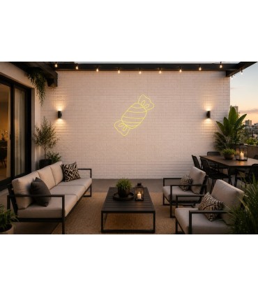 Cartel neón Caramelo con envoltorio helicoidal Amarillo limón Terraza