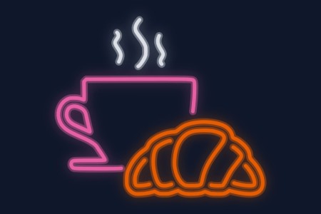 Cartel neón Desayuno café caliente y croissan