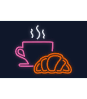 Cartel neón Desayuno café caliente y croissan
