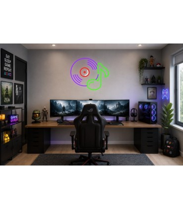 Cartel neón Disco de vinilo con nota musical corchea Verde Gaming